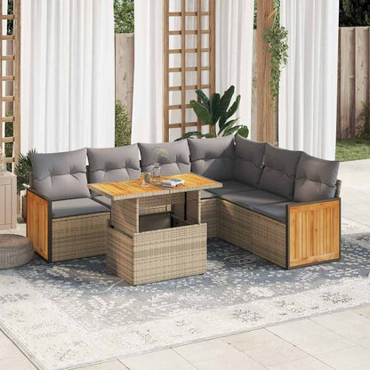 Set Divani da Giardino 7 pz con Cuscini Beige Polyrattan Acacia