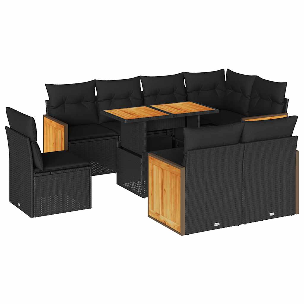 Set Divani da Giardino 9 pz con Cuscini Nero Polyrattan Acacia
