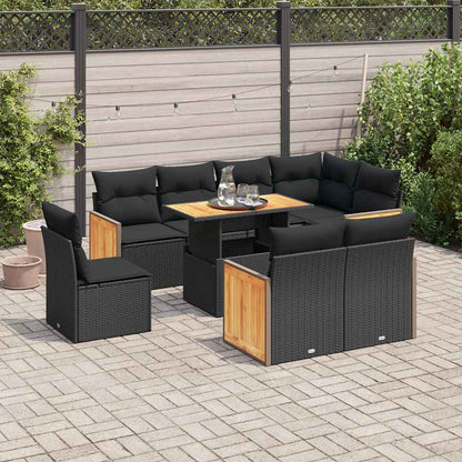 Set Divani da Giardino 9 pz con Cuscini Nero Polyrattan Acacia