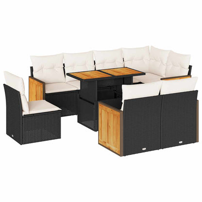 Set Divani da Giardino 9 pz con Cuscini Nero Polyrattan Acacia