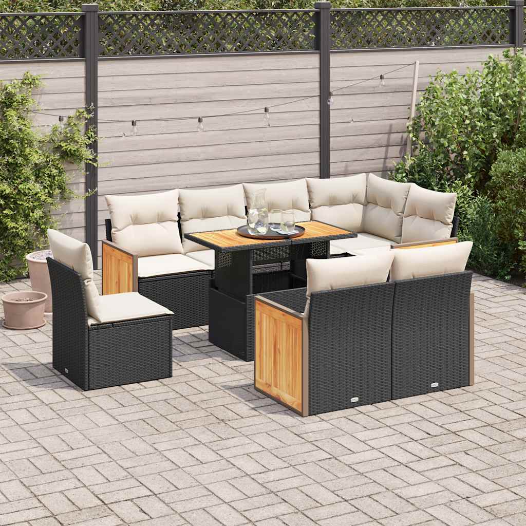 Set Divani da Giardino 9 pz con Cuscini Nero Polyrattan Acacia