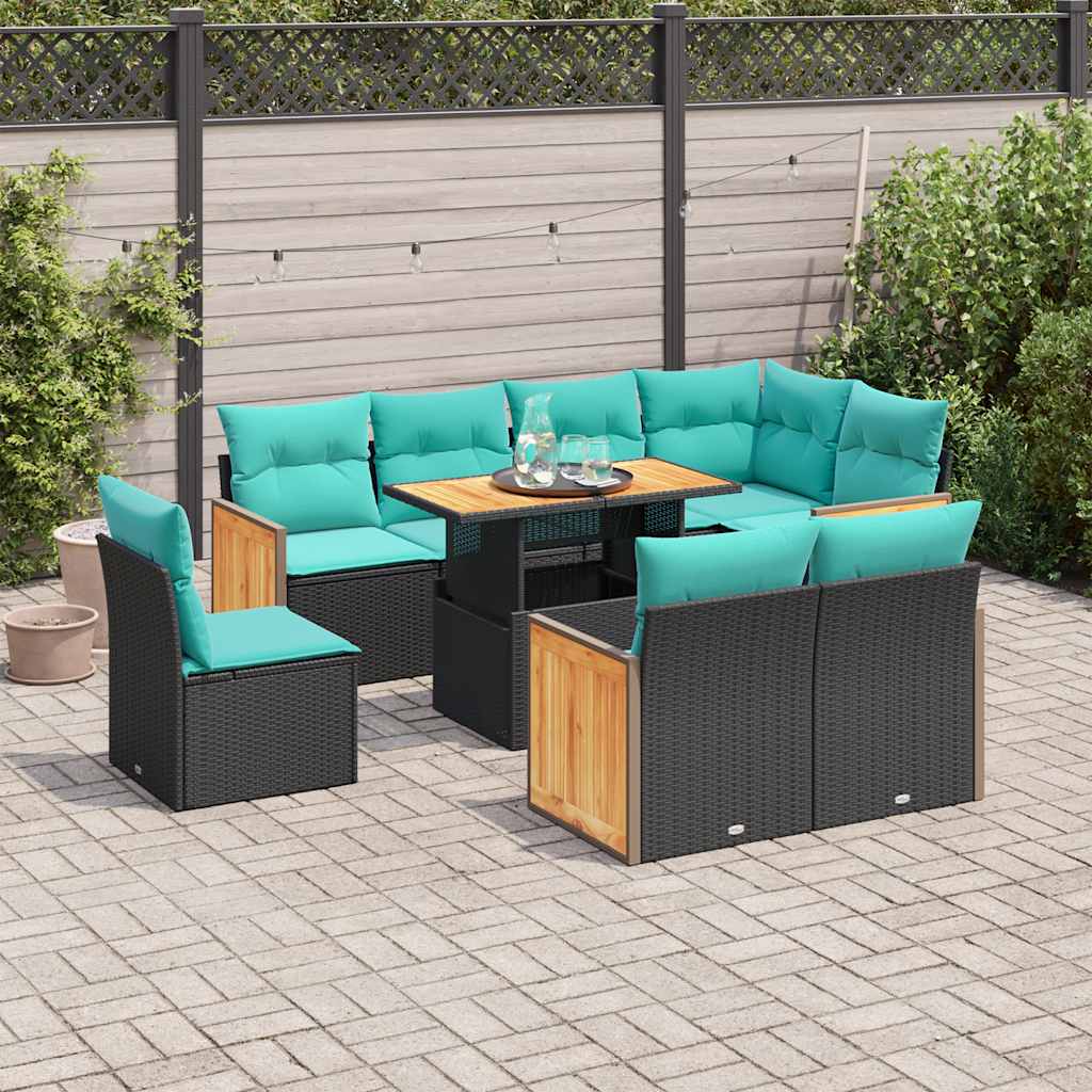 Set Divani da Giardino 9 pz con Cuscini Nero Polyrattan Acacia