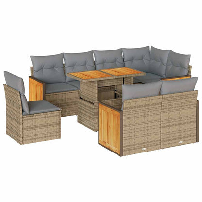 Set Divano da Giardino 9 pz con Cuscini Beige Polyrattan Acacia