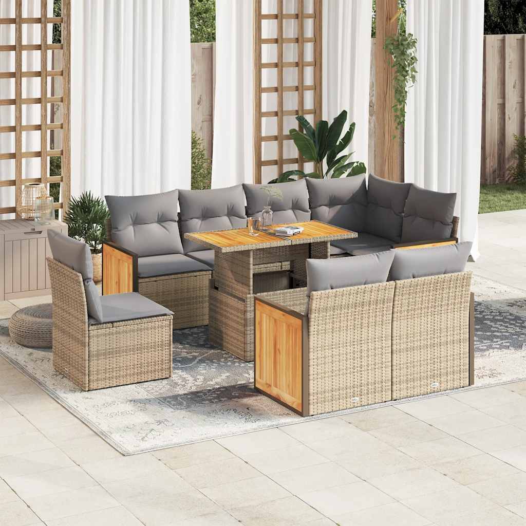 Set Divano da Giardino 9 pz con Cuscini Beige Polyrattan Acacia