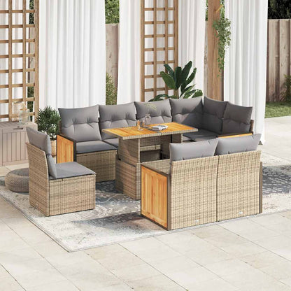 Set Divano da Giardino 9 pz con Cuscini Beige Polyrattan Acacia