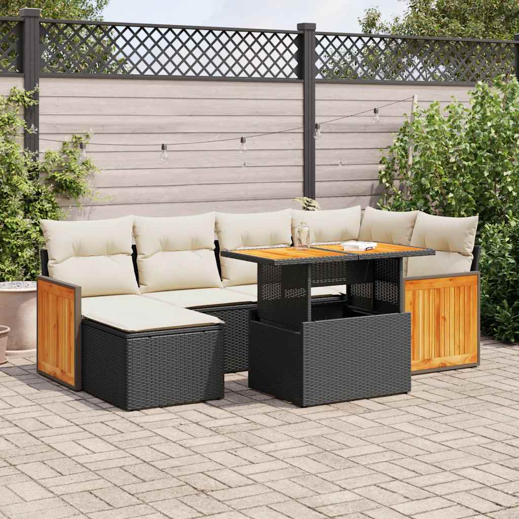 Set Divani da Giardino con Cuscini 7pz Nero Polyrattan Acacia