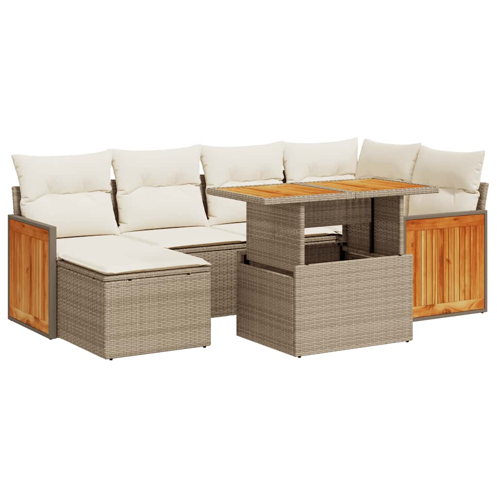 Set Divani da Giardino 7 pz con Cuscini Beige Polyrattan Acacia