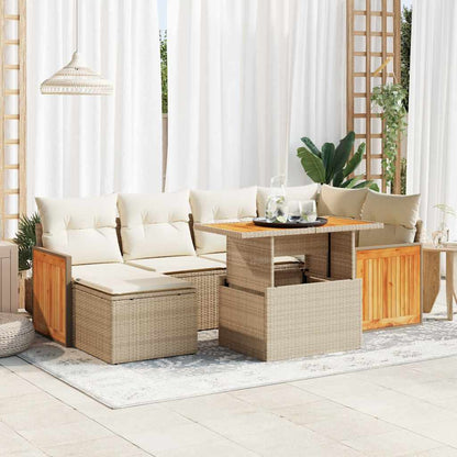 Set Divani da Giardino 7 pz con Cuscini Beige Polyrattan Acacia