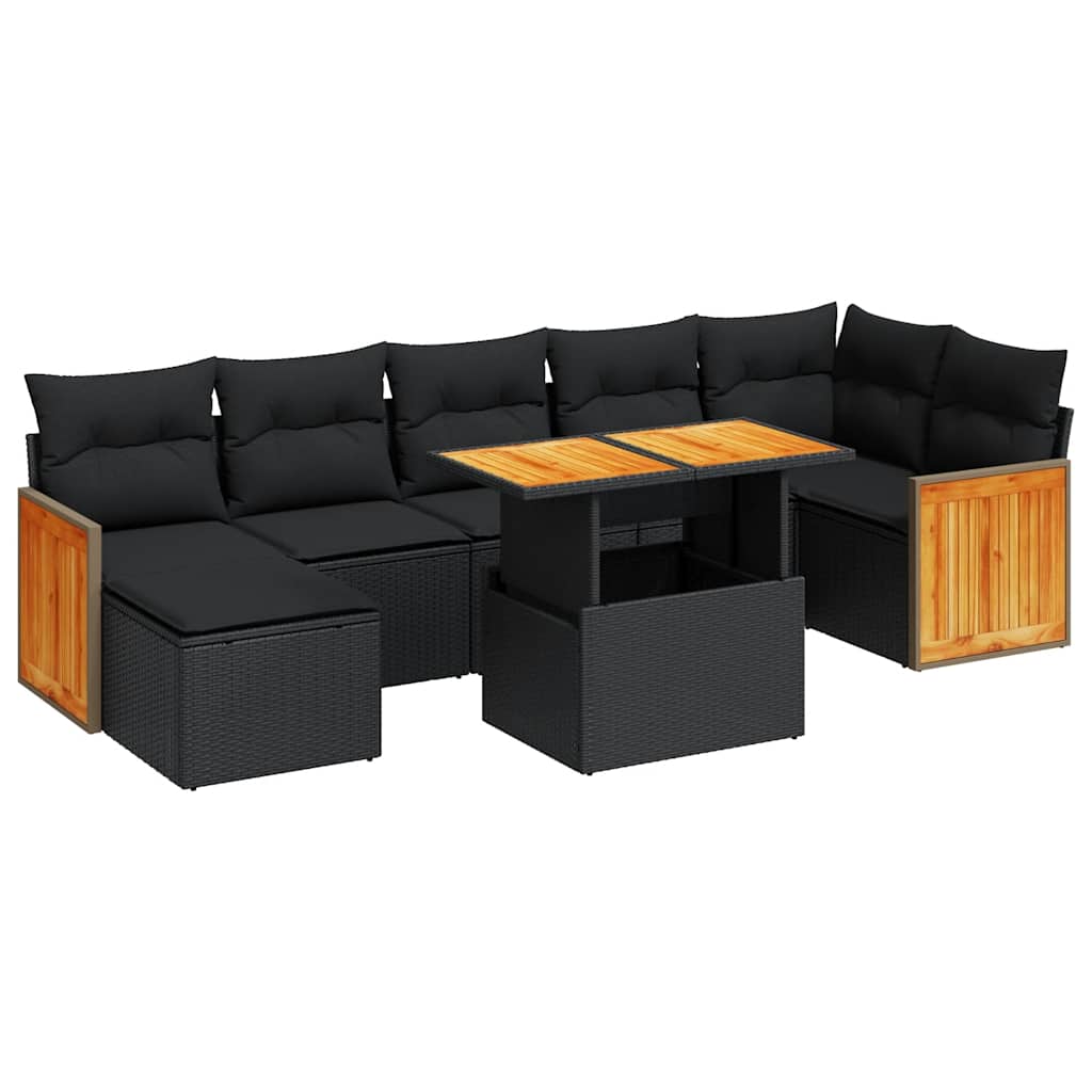 Set Divani da Giardino con Cuscini 8 pz Nero Polyrattan Acacia