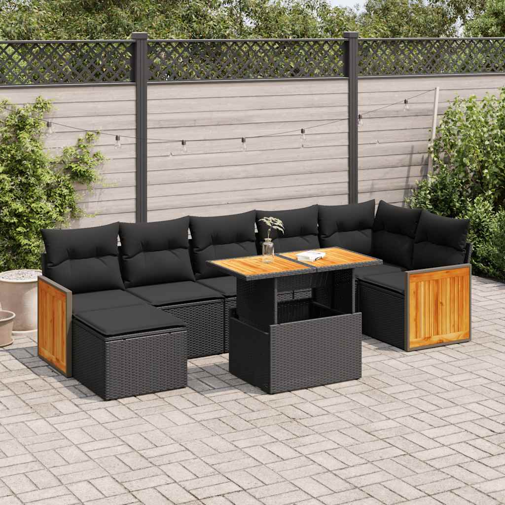 Set Divani da Giardino con Cuscini 8 pz Nero Polyrattan Acacia