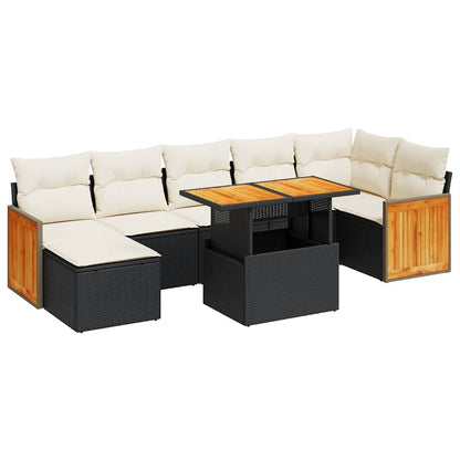 Set Divani da Giardino con Cuscini 8 pz Nero Polyrattan Acacia