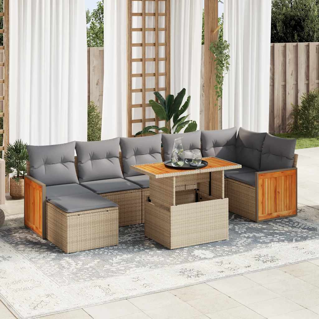 Set Divano da Giardino 8 pz con Cuscini Beige Polyrattan Acacia