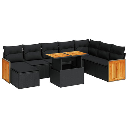 Set Divani da Giardino 9 pz con Cuscini Nero Polyrattan Acacia
