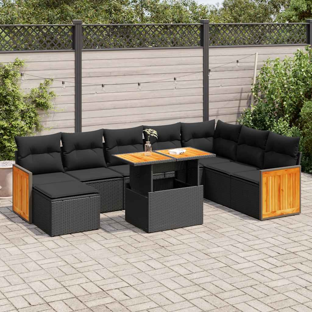 Set Divani da Giardino 9 pz con Cuscini Nero Polyrattan Acacia