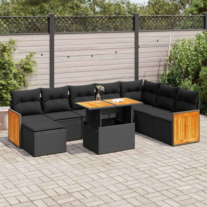 Set Divani da Giardino 9 pz con Cuscini Nero Polyrattan Acacia