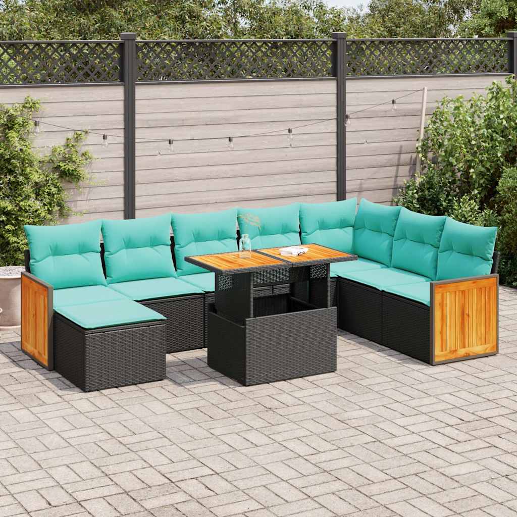 Set Divani da Giardino 11 pz con Cuscini Polyrattan Acacia Nero