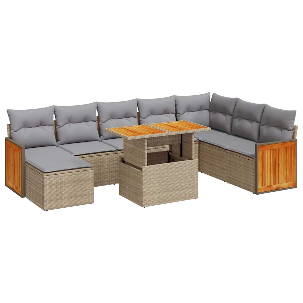 Set Divano da Giardino 9 pz con Cuscini Beige Polyrattan Acacia