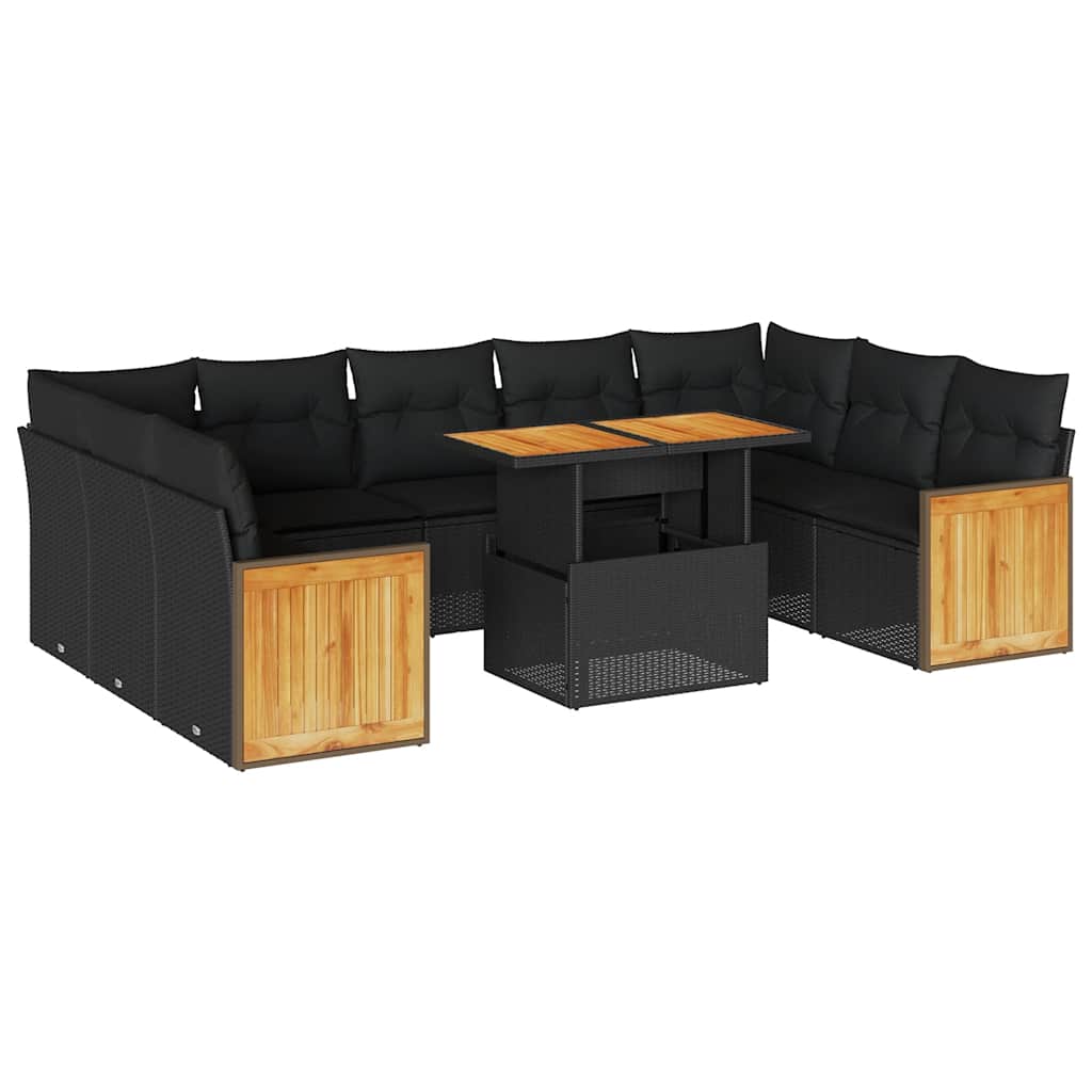 Set Divani Giardino 10pz con Cuscini Nero in Polyrattan Acacia
