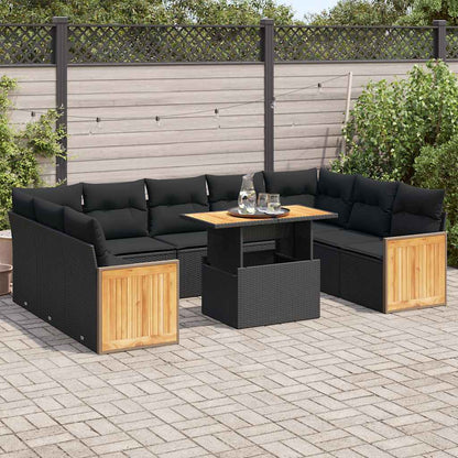 Set Divani Giardino 10pz con Cuscini Nero in Polyrattan Acacia