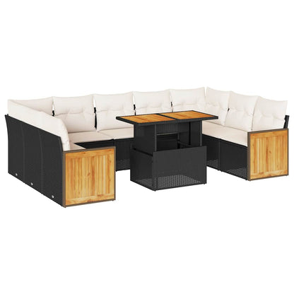 Set Divani Giardino 10pz con Cuscini Nero in Polyrattan Acacia