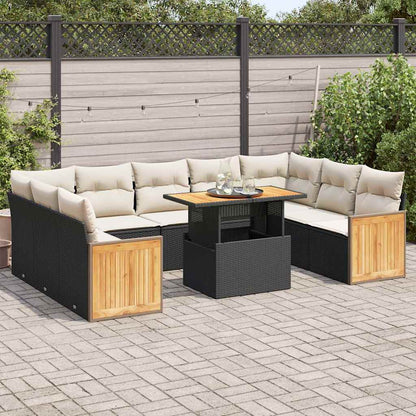 Set Divani Giardino 10pz con Cuscini Nero in Polyrattan Acacia