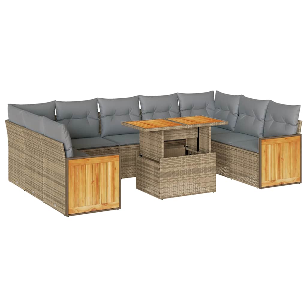 Divano da Giardino 10 pz con Cuscini Beige in Polyrattan Acacia