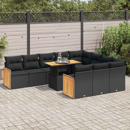Set Divani da Giardino 11 pz con Cuscini Polyrattan Acacia Nero