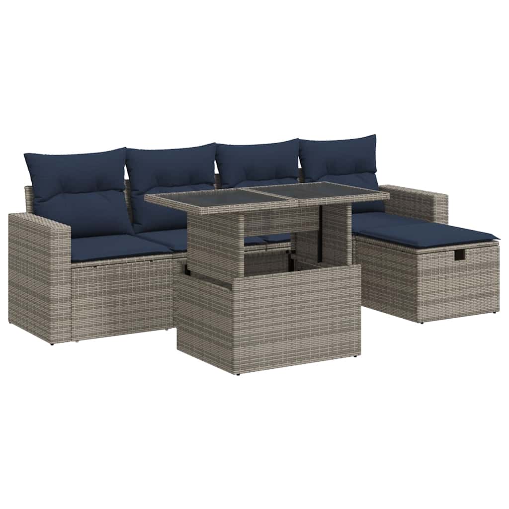 Set Divano Giardino 6 pz con Cuscini Grigio Polyrattan