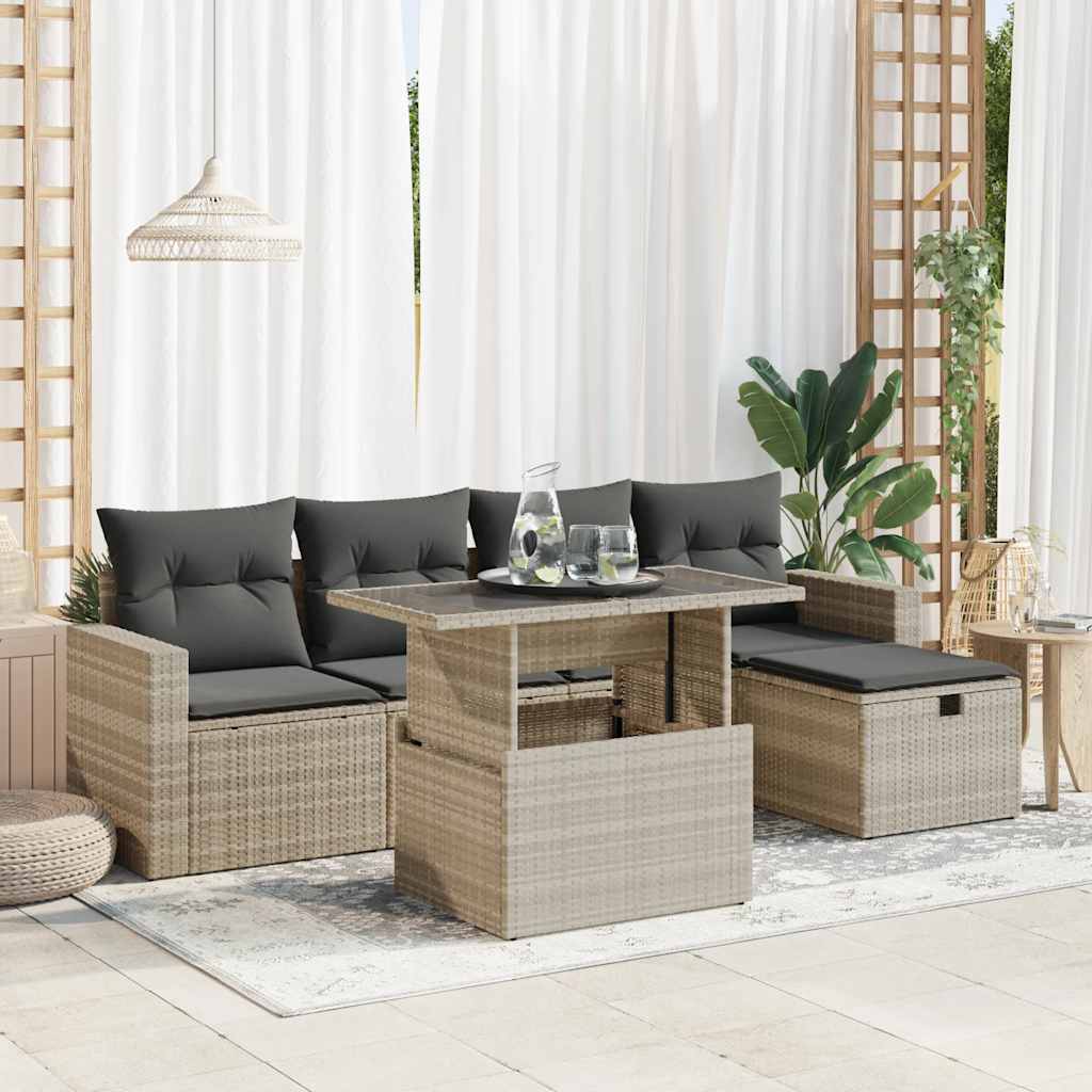Set Divano da Giardino 6pz con Cuscini Grigio Chiaro Polyrattan