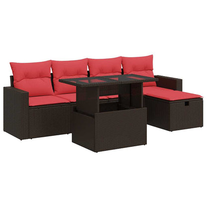 Set Divano da Giardino 6 pz con Cuscini Marrone Polyrattan Acacia