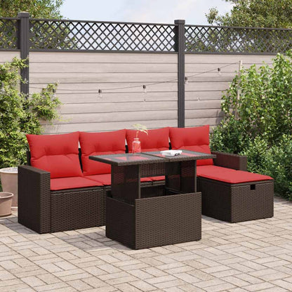 Set Divano da Giardino 6 pz con Cuscini Marrone Polyrattan Acacia
