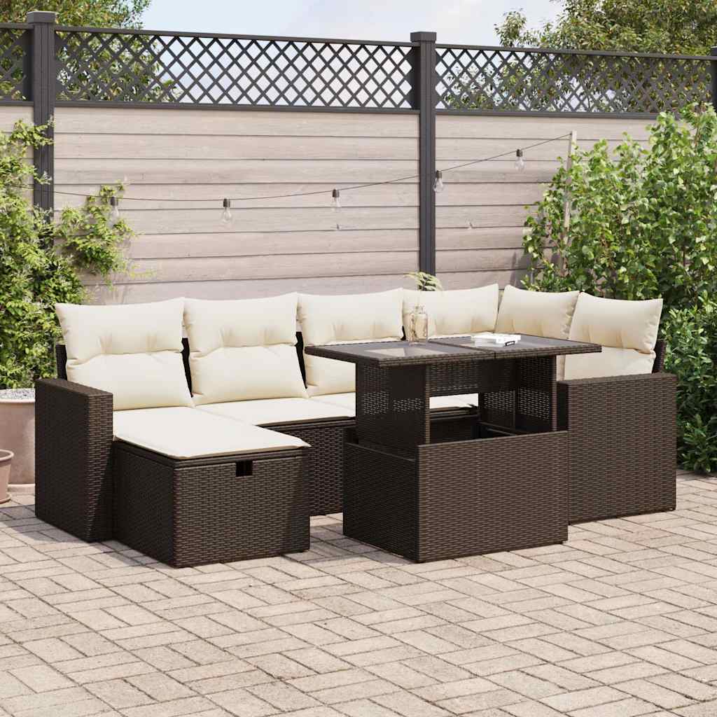 Set Divani da Giardino 7 pz con Cuscini Marrone in Polyrattan