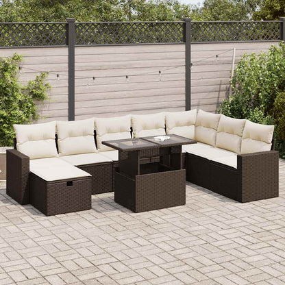 Set Divani da Giardino 9pz con Cuscini Marrone in Polyrattan