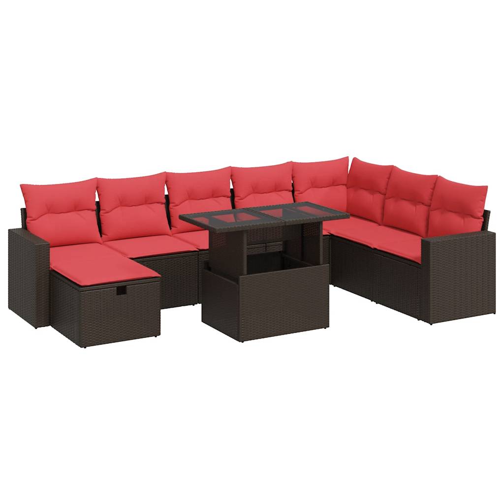 Set Divani da Giardino 9 pz con Cuscini Marrone Polyrattan Acacia
