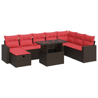 Set Divani da Giardino 9 pz con Cuscini Marrone Polyrattan Acacia