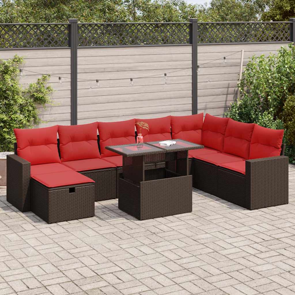 Set Divani da Giardino 9 pz con Cuscini Marrone Polyrattan Acacia