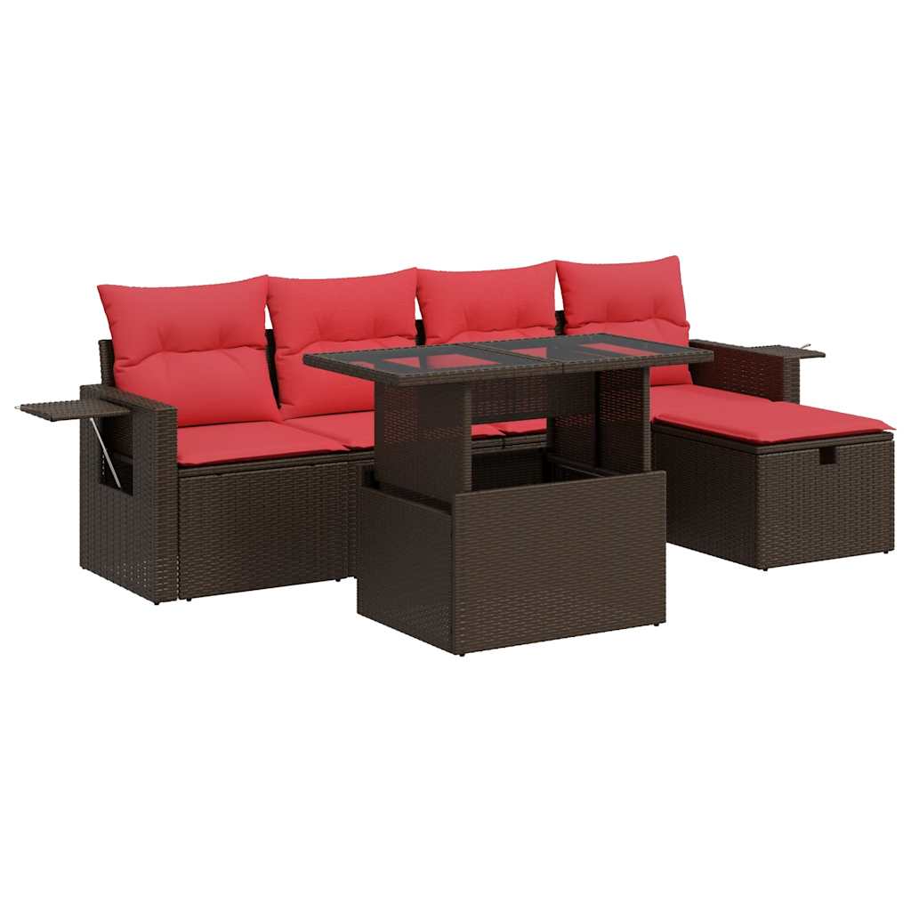 Set Divano da Giardino 6 pz con Cuscini Marrone Polyrattan