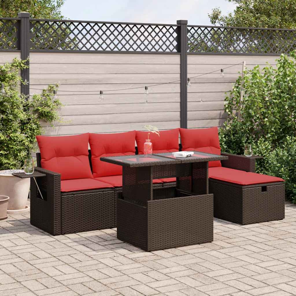 Set Divano da Giardino 6 pz con Cuscini Marrone Polyrattan