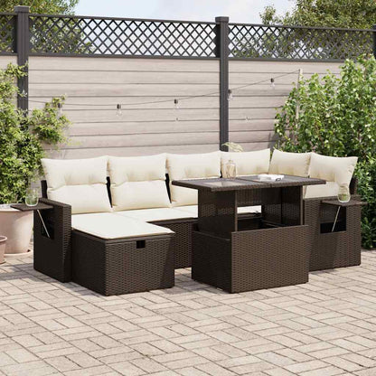 Set Divani da Giardino 7 pz con Cuscini Marrone in Polyrattan