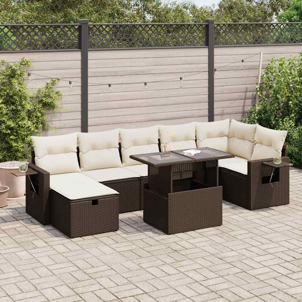 Set Divani da Giardino 8 pz con Cuscini Marrone in Polyrattan