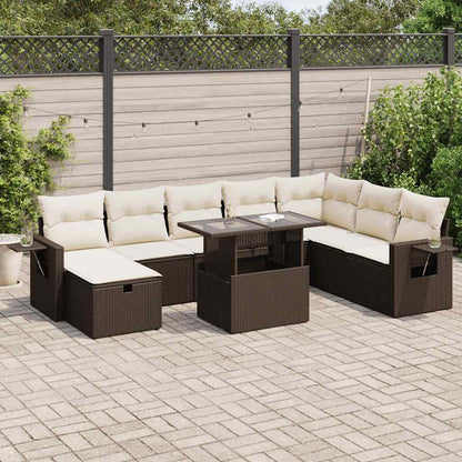 Set Divani da Giardino 9pz con Cuscini Marrone in Polyrattan