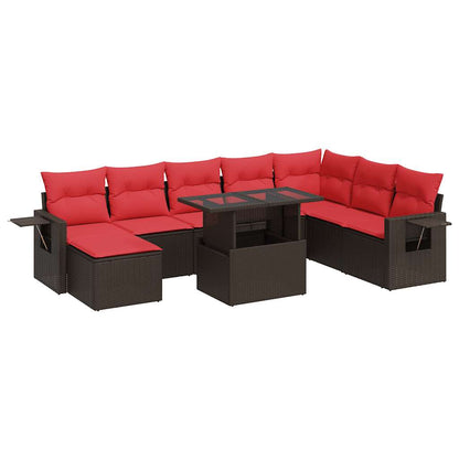 Set Divani da Giardino 9 pz con Cuscini Marrone Polyrattan Acacia