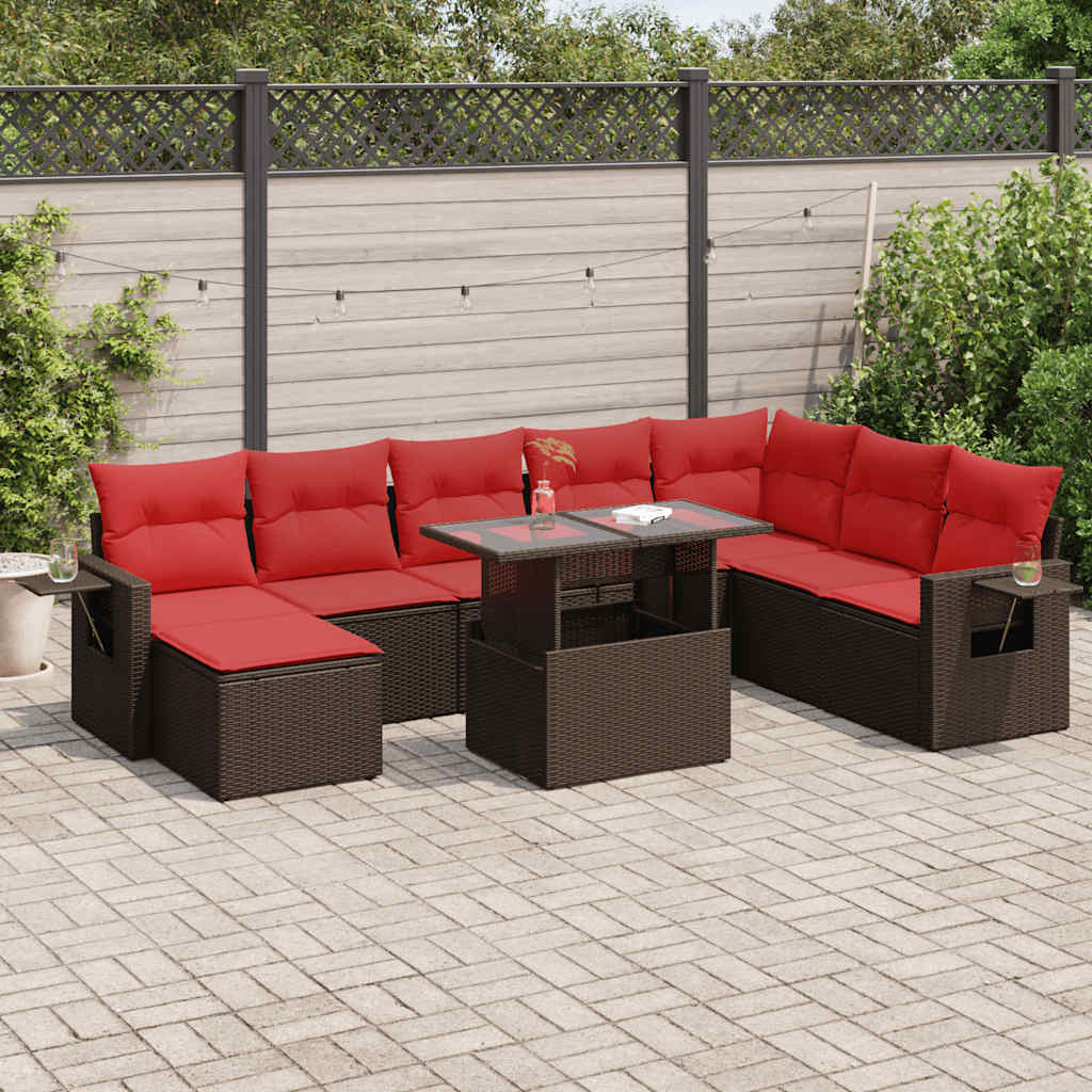 Set Divani da Giardino 9 pz con Cuscini Marrone Polyrattan Acacia
