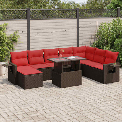 Set Divani da Giardino 9 pz con Cuscini Marrone Polyrattan Acacia