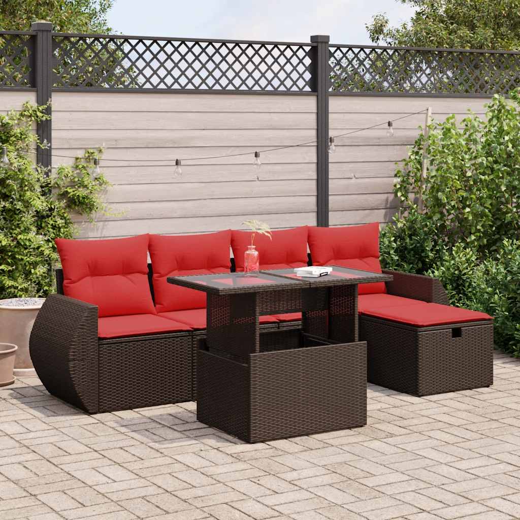 Set Divano da Giardino 6 pz con Cuscini Marrone Polyrattan Acacia