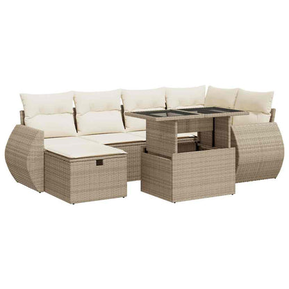 Set Divani da Giardino 7 pz con Cuscini Beige in Polyrattan