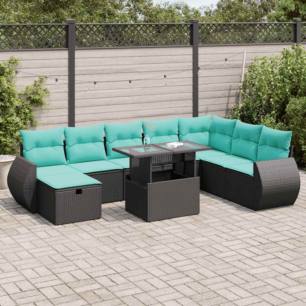 Set Divano da Giardino 9pz con Cuscini Grigio Polyrattan Acacia