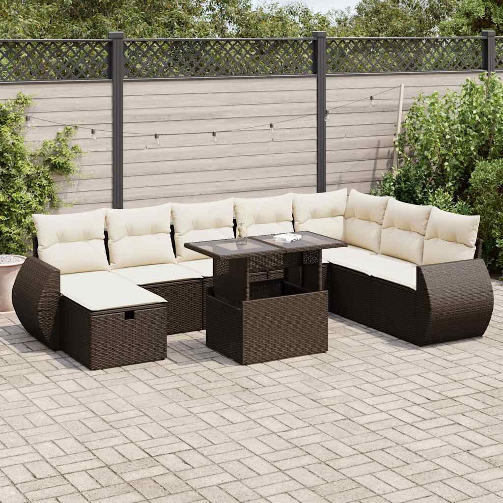 Set Divani da Giardino 9pz con Cuscini Marrone in Polyrattan