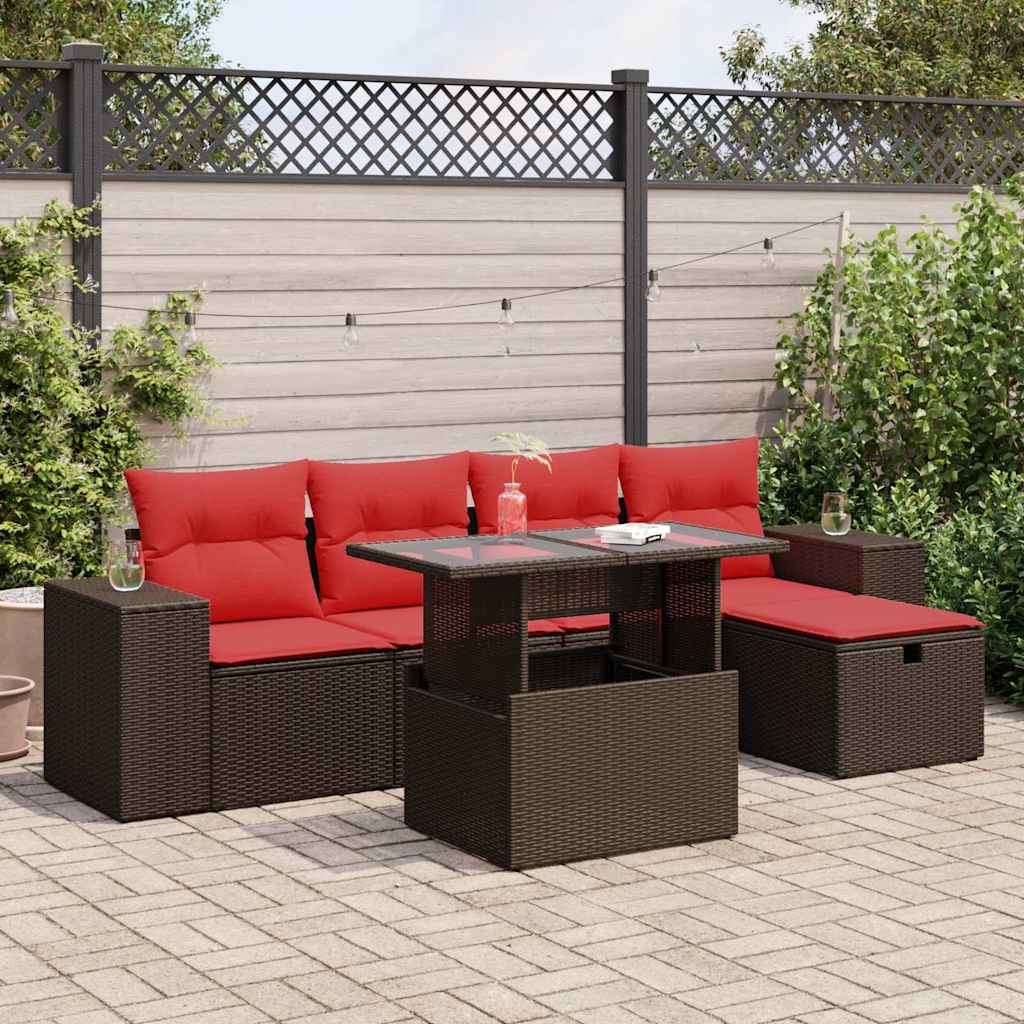 Set Divano da Giardino 6 pz con Cuscini Marrone Polyrattan