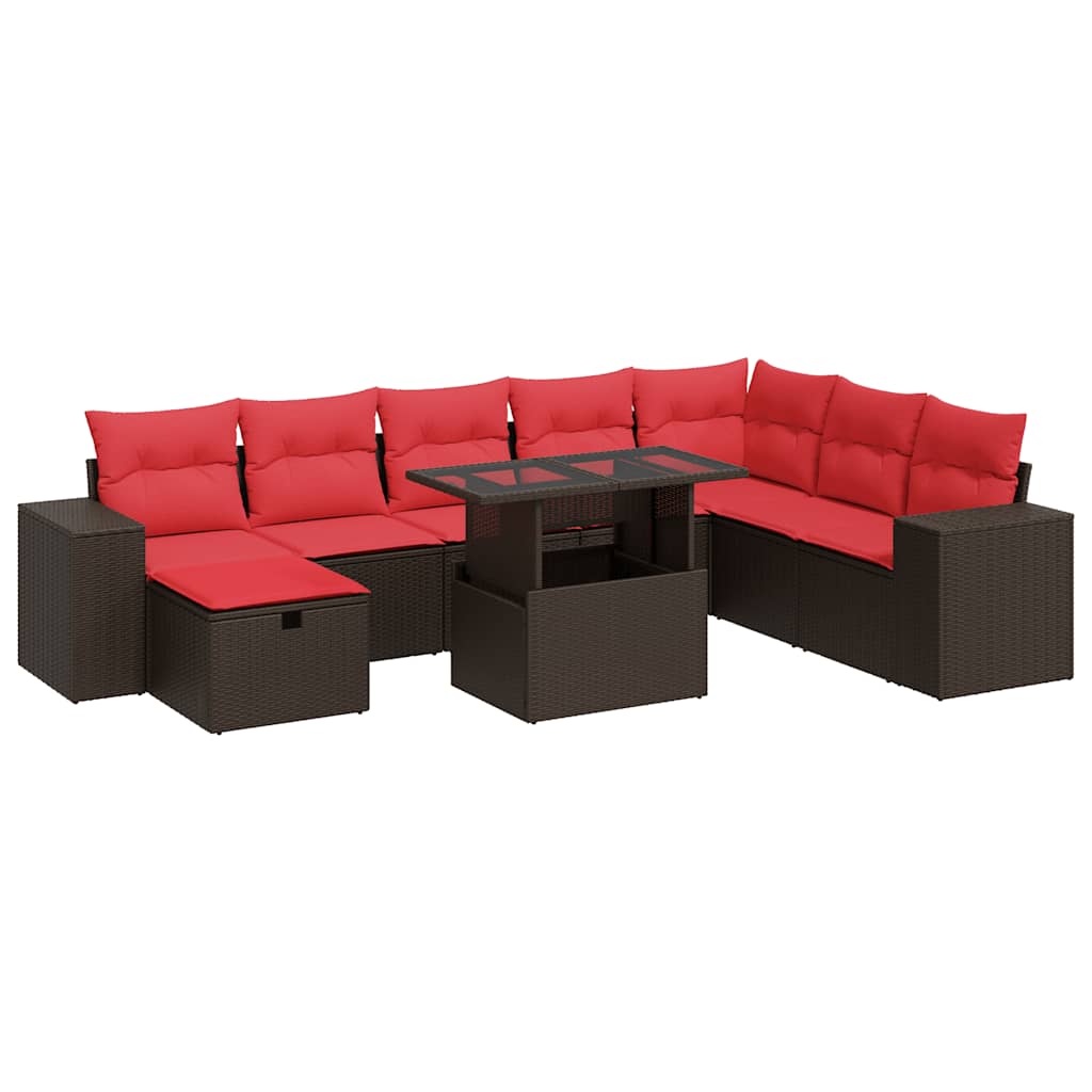 Set Divani da Giardino 9 pz con Cuscini Nero Polyrattan Acacia